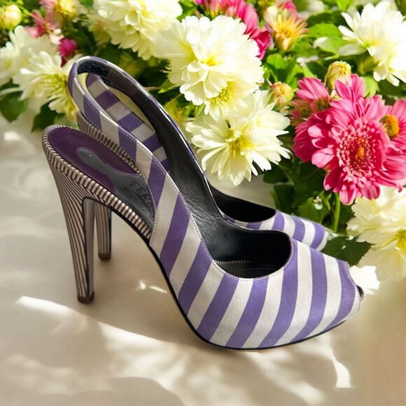Salvatore Ferragamo Shoes - SALVATORE FERRAGAMO Purple White Striped Slingback Heels Size 7
